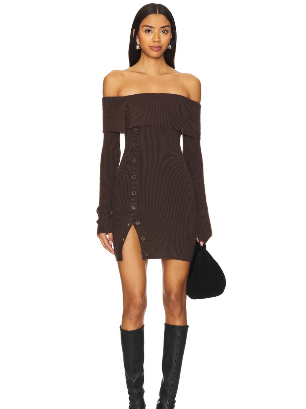 REVOLVE Off-the-Shoulder Ribbed Button-Front Mini Dress in Dark Brown